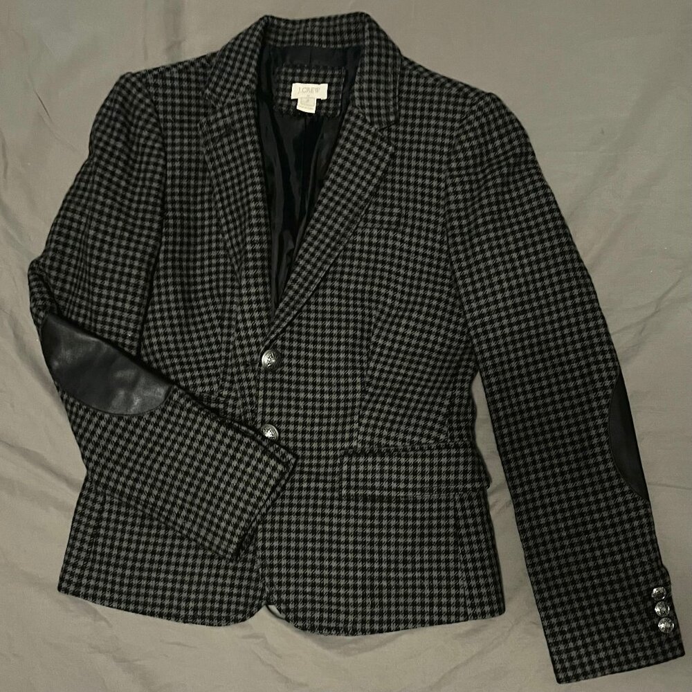 J. Crew Houndstooth Blazer with Elbow Patches, Black and Grey, Size 2